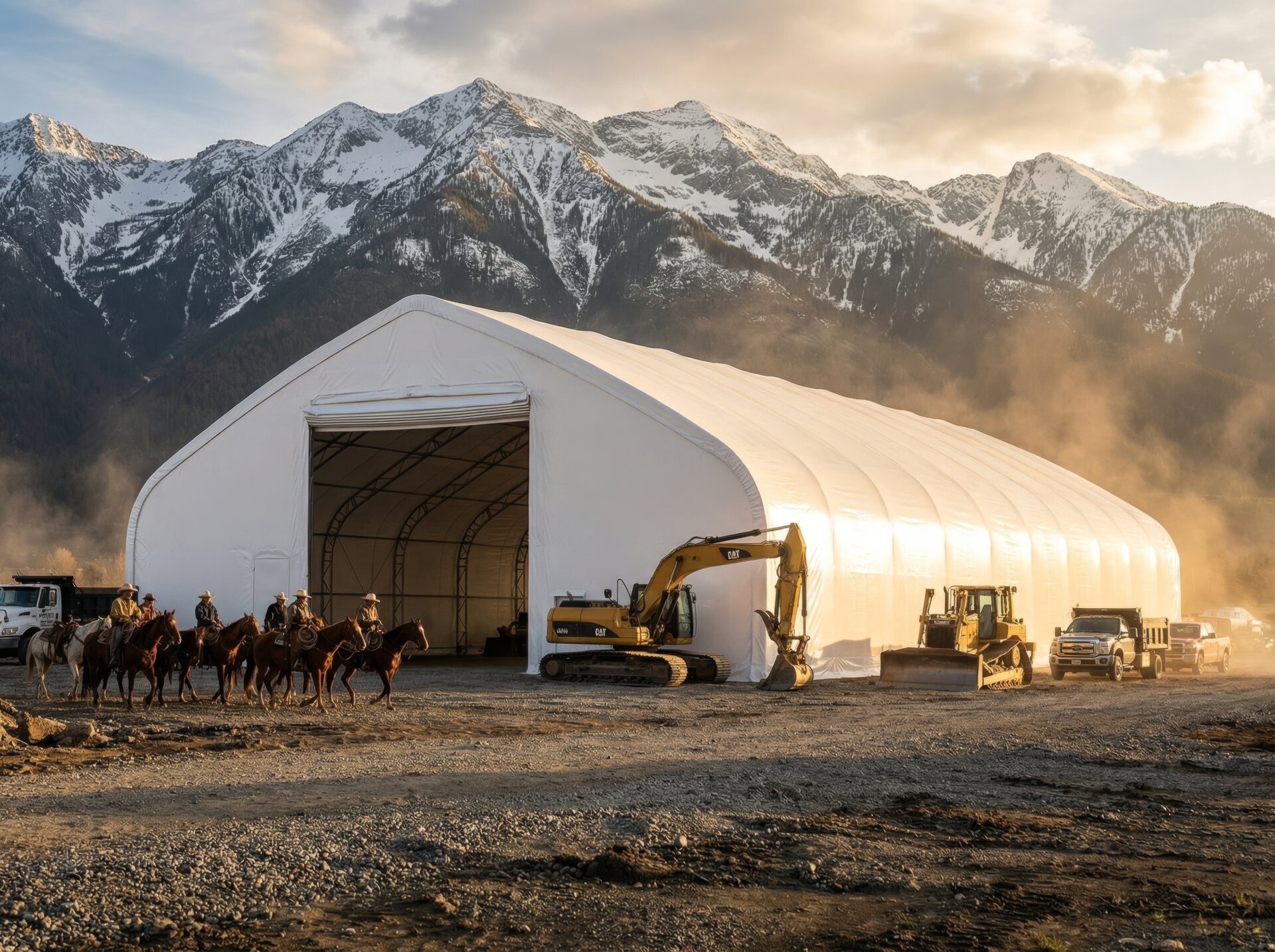 Large MAX fabric storage building set against the Canadian Rocky Mountains with equipment and horses