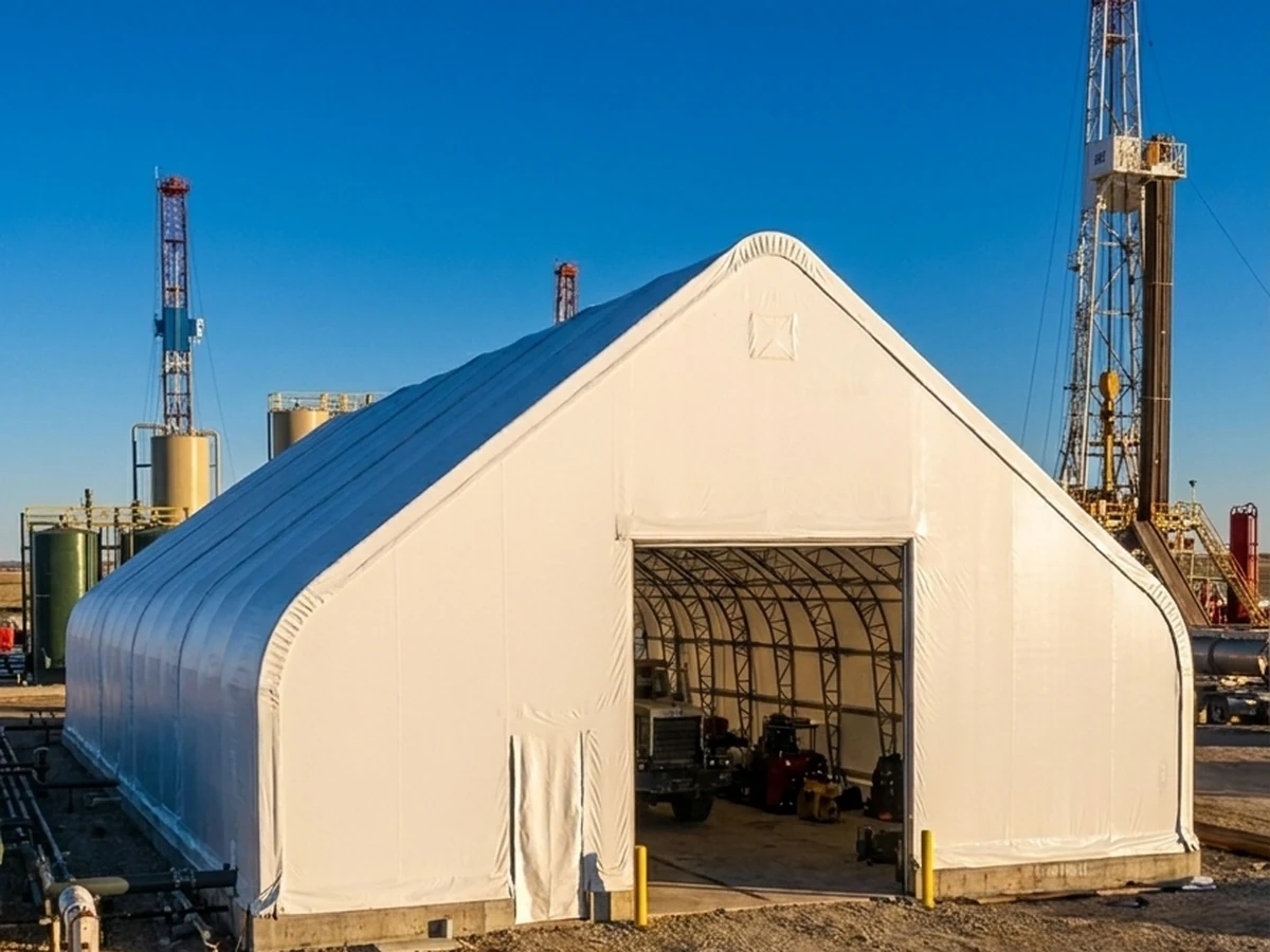MAX Industrial 80' × 100' × 37' fabric building, 80-foot clear-span, 37-foot peak, 900g cover, Double-Trussed Standard galvanized steel frame